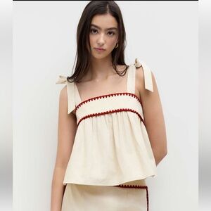 Cider Linen Blend Tie Knotted Strap Square Neck Oatmeal  Red Top NWT Small